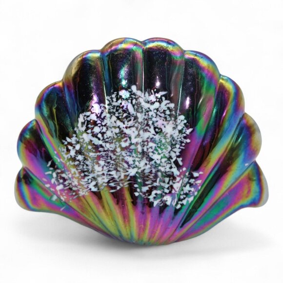 Pele's Glass Hawaii Other - Vintage Pele Hawaii Glass Clam Paperweight Iridescent Finish Hand-Painted Flower